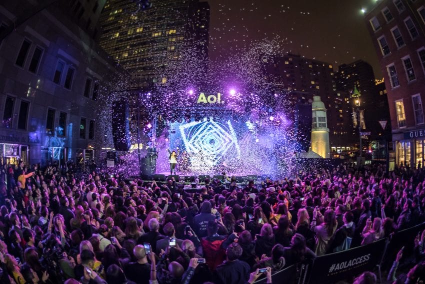 Aol. Stage celebration with crowd
